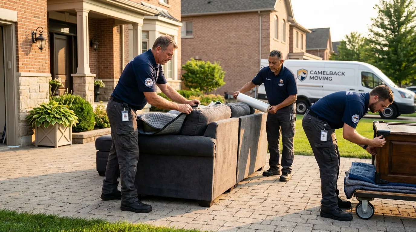 Large estate moving crew wrapping furniture in Denton, TX