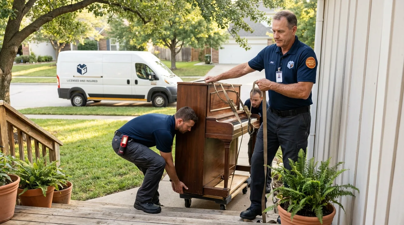 Licensed piano movers securing grand piano in Denton, TX