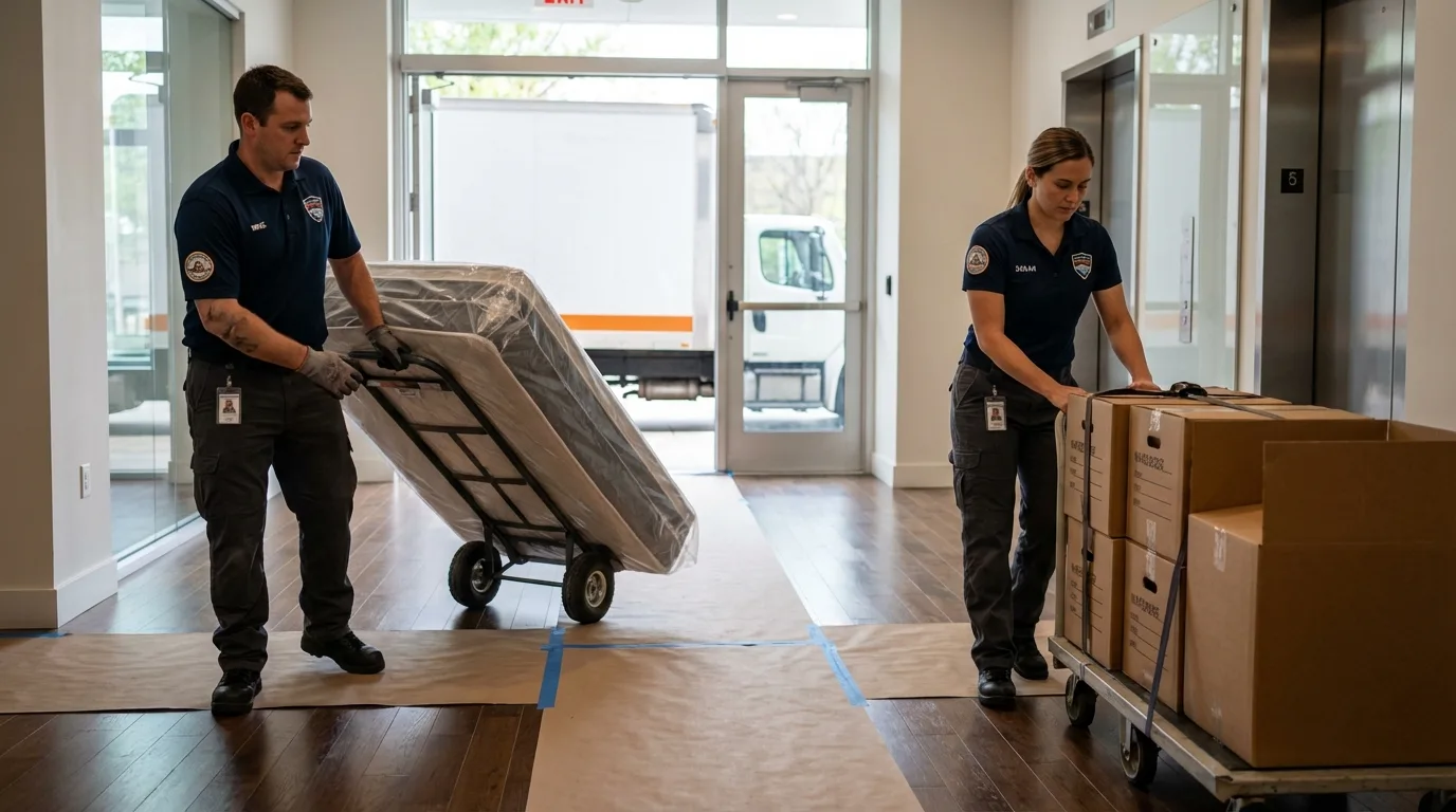 Professional apartment movers loading elevator in Denton, TX